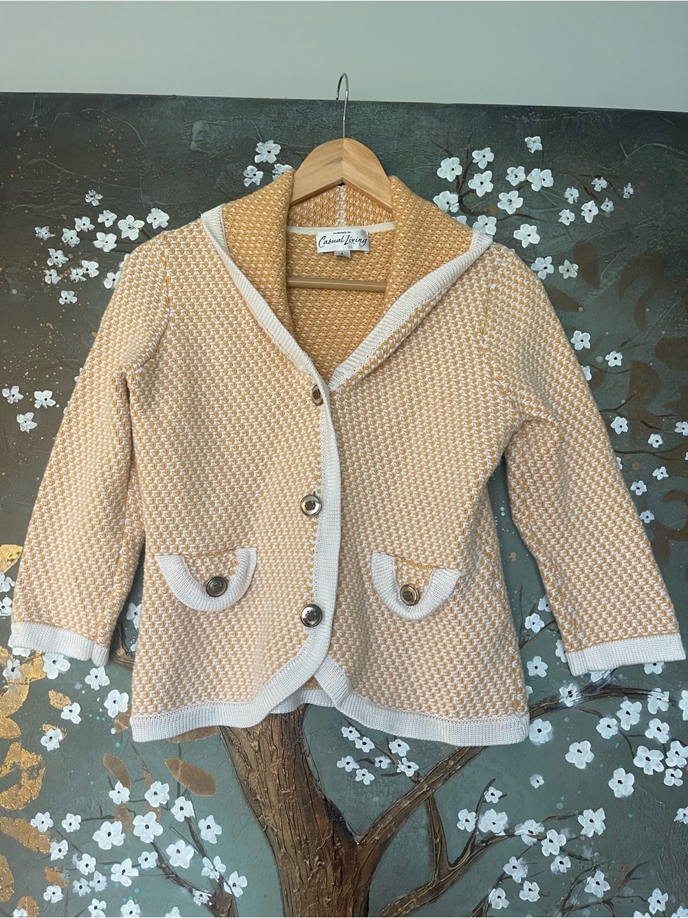 Casual living vintage knit cardigan blazer jacket m medium white